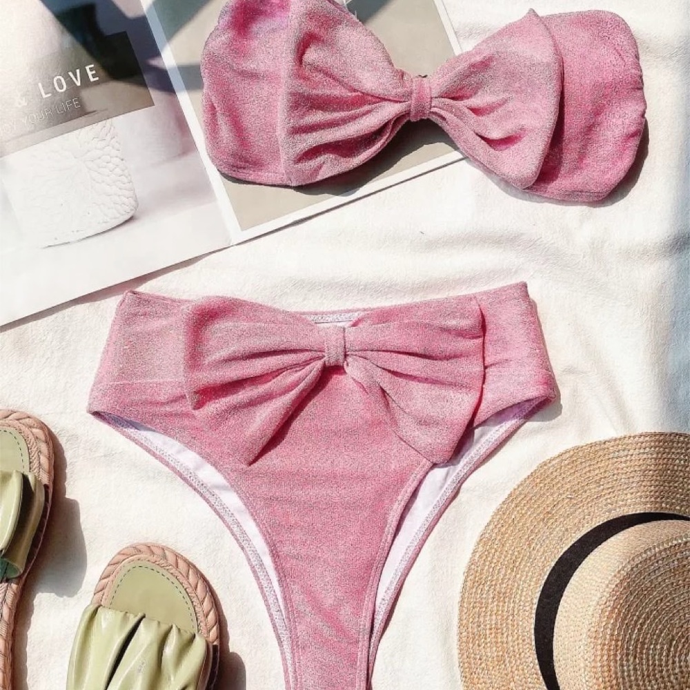 New! Parisian Princess Pink Bikini Set Bandeau Swimsuit Set, Vintage-Style S M - Picture 10 of 11